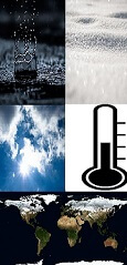 A combination of images showing rain drops, snow, sun, thermometer, and a global map