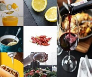 An image showing seven food including vinegar, lemon, tea, pepper, mustard, salad dressing, and wine