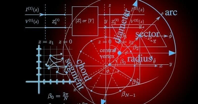 Image showing different shapes with mathematical equations and terms on a red background
