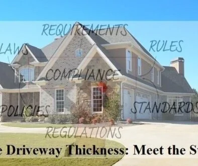Image of a house with a concrete driveway, and a foreground showing requirements, laws, rules, standards, regulations, policies, and compliance