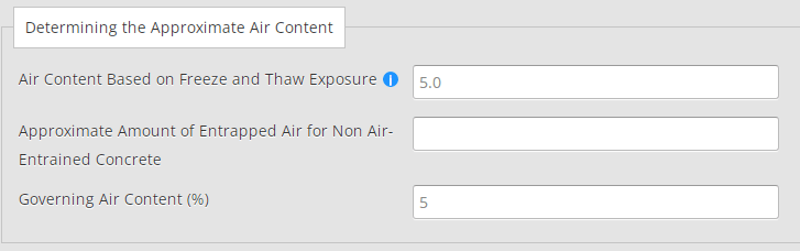 Example of the air content determination in the calculation parameters in the Concrete Mix Design Calculator (Based on the ACI Code) Tool