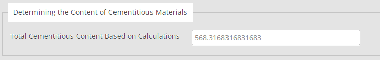 Example of the cementitious material content determination in the calculation parameters in the Concrete Mix Design Calculator (Based on the ACI Code) Tool