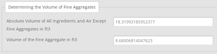 Example of the fine aggregate volume determination in the calculation parameters in the Concrete Mix Design Calculator (Based on the ACI Code) Tool
