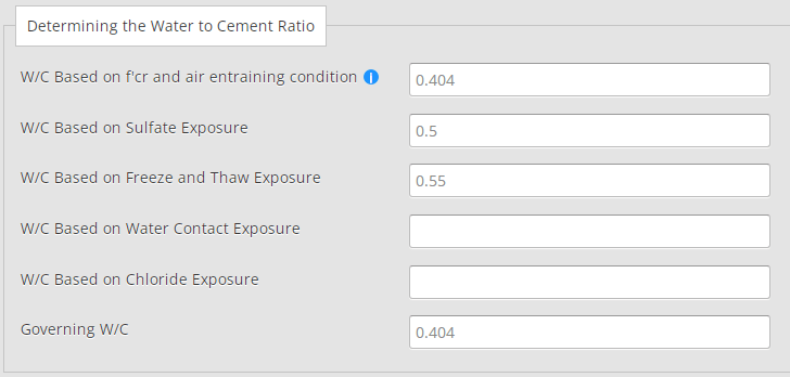 Example of the water to cement ratio determination in the calculation parameters in the Concrete Mix Design Calculator (Based on the ACI Code) Tool