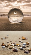 Picture showing a water drop with "salt" written inside, and an image of seashells