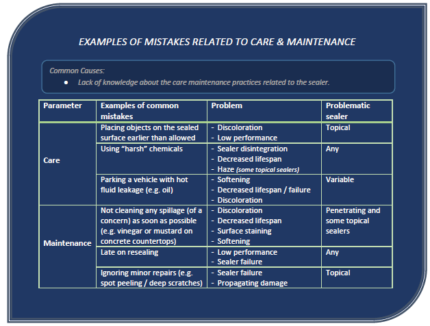 Table showing Examples of Mistakes Related to Care and Maintenance