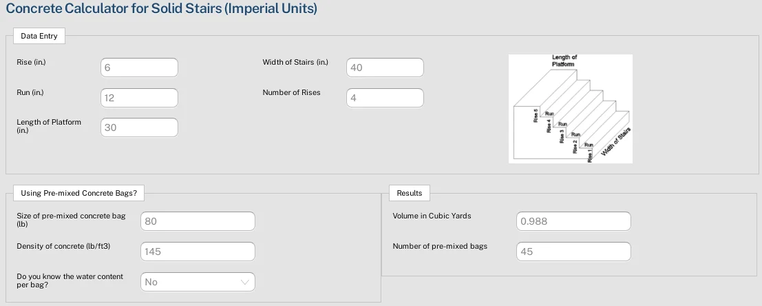 Image of an Example of concrete volume in cubic yards and bags for solid stairs using the imperial concrete calculator