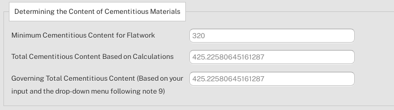 Example of the cementitious content calculations in the concrete trial mixes calculator