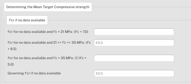 Example of the mean target compressive strength calculations in the concrete trial mixes calculator