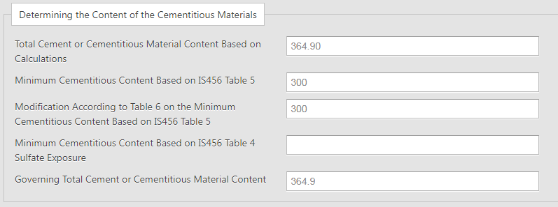 An image of an Example showing the cementitious content in the concrete mix proportioning calculator