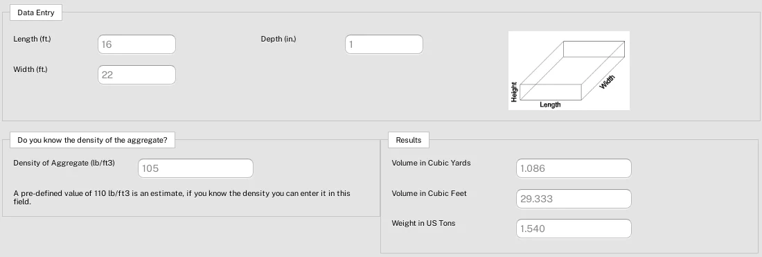 Image of an example of sand volume and weight for patio pavers base using the aggregates calculator